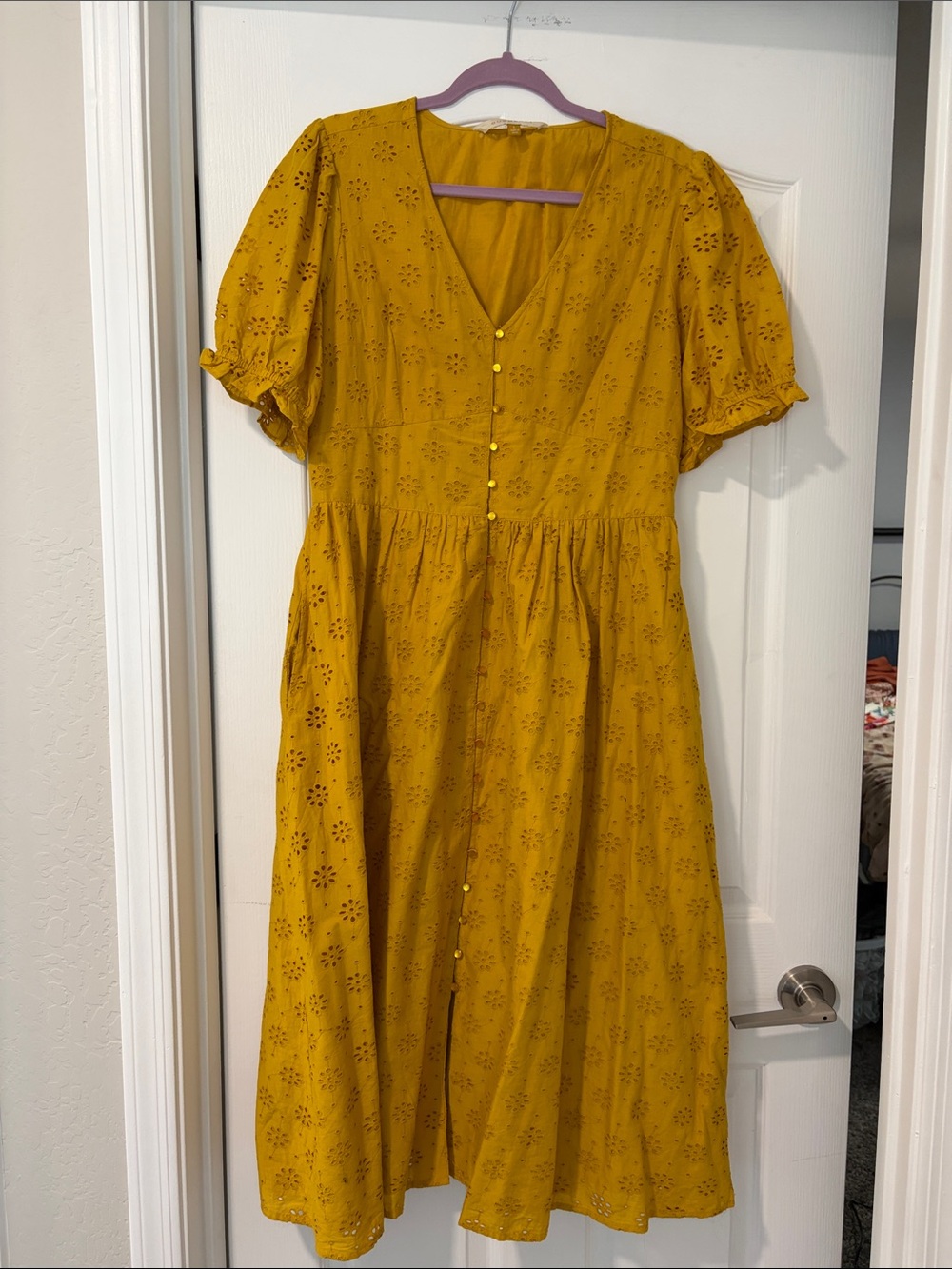 DownEast Mustard Eyelet Button-Front Midi Dress